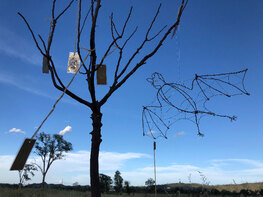 Picture, Sculpture Walk installation, Creatures of the Night by Kristen Callahan, Harp Ties- Gerakin and Cobb Mountain Elementary students 